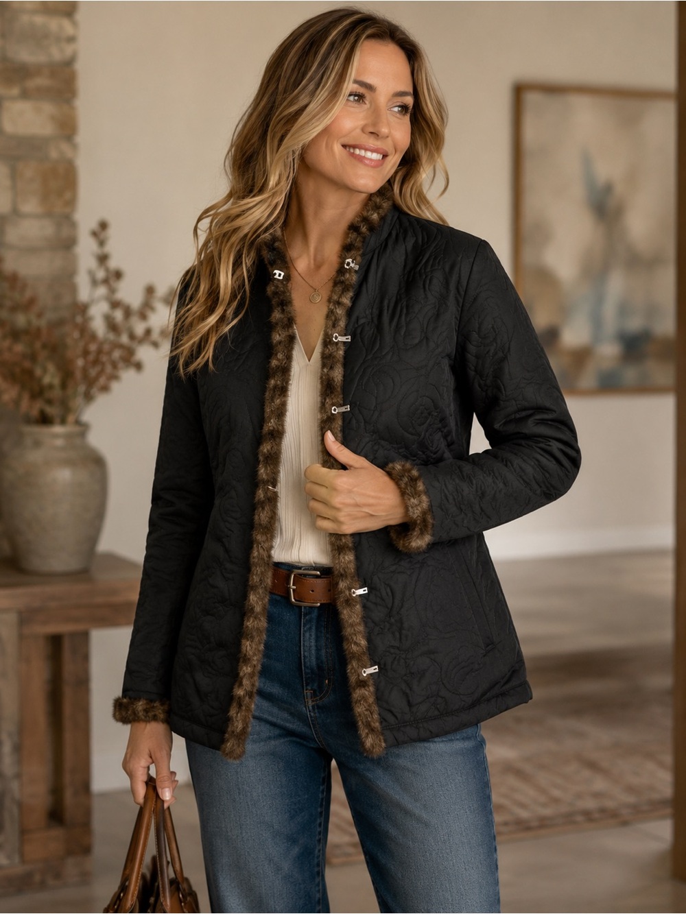 CAbi Black Quilted Faux Fur Trim Jacket Women’s Small Fall Artisan Coat